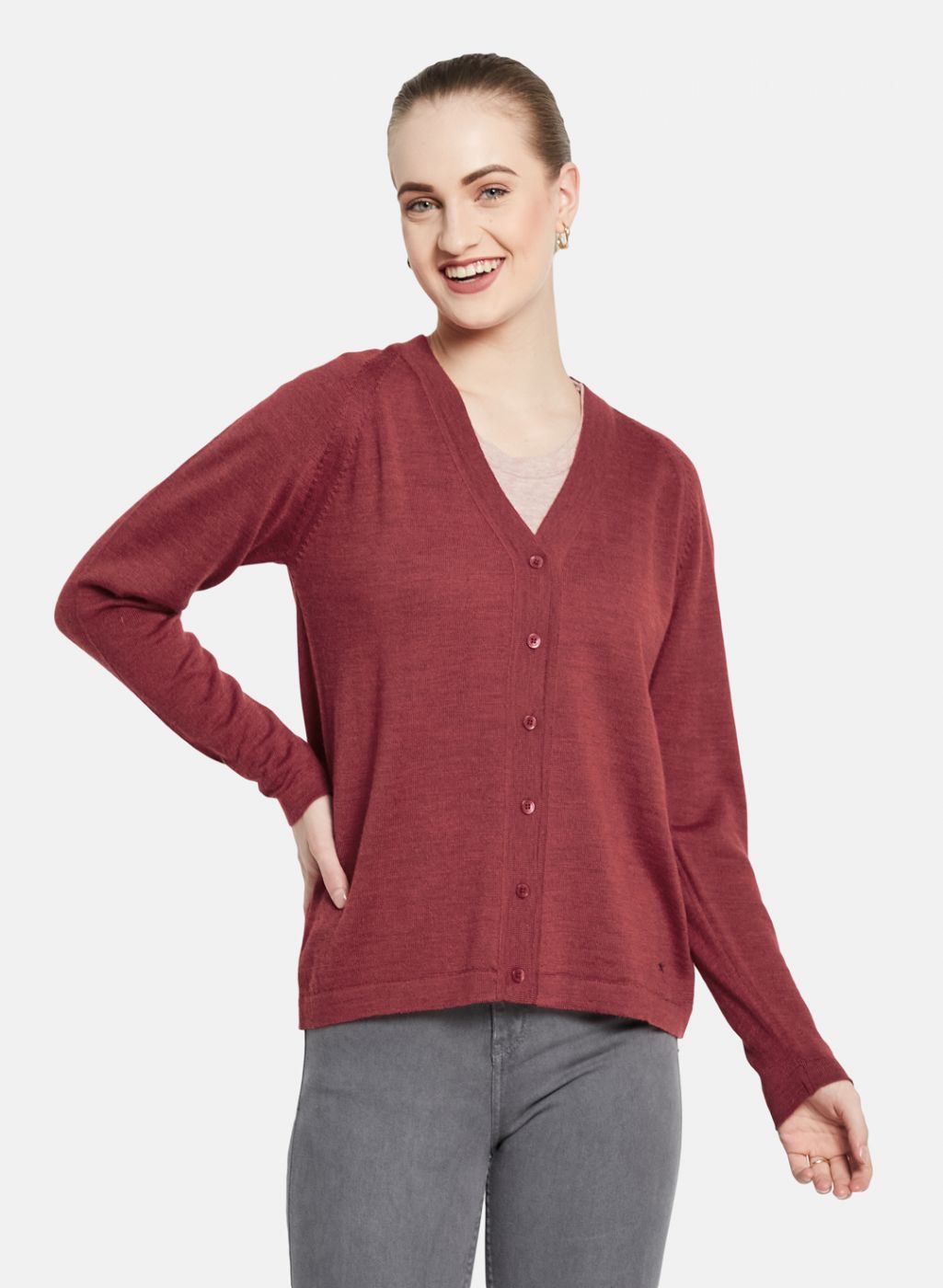 Women Red Solid Cardigan