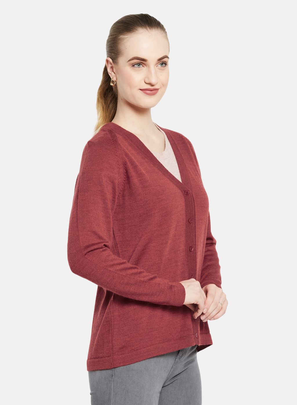 Women Red Solid Cardigan