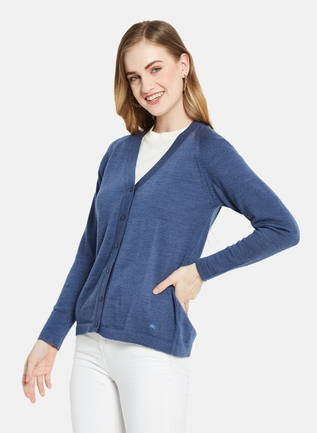 Women Blue Solid Cardigan