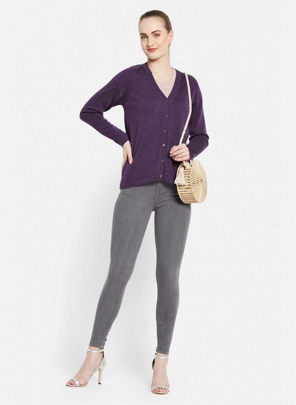 Women Purple Solid Cardigan