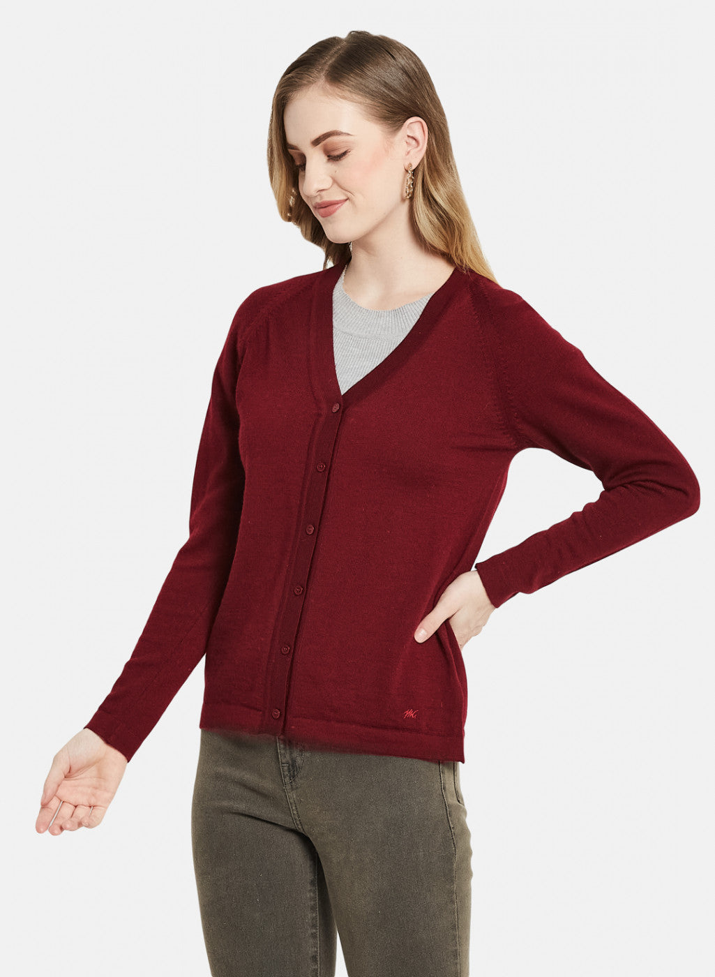 Women Dark Maroon Solid Cardigan