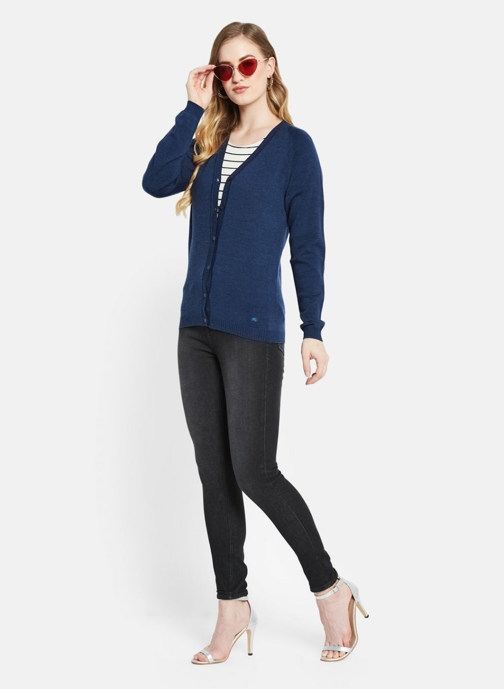 Women Navy Blue Solid Cardigan