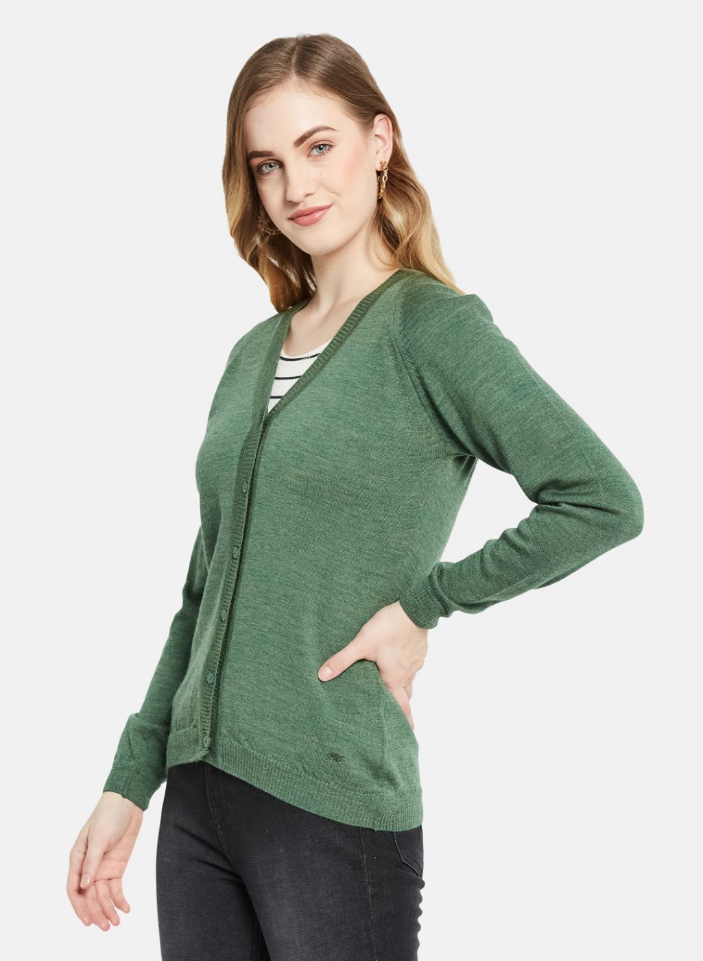 Women Green Solid Cardigan