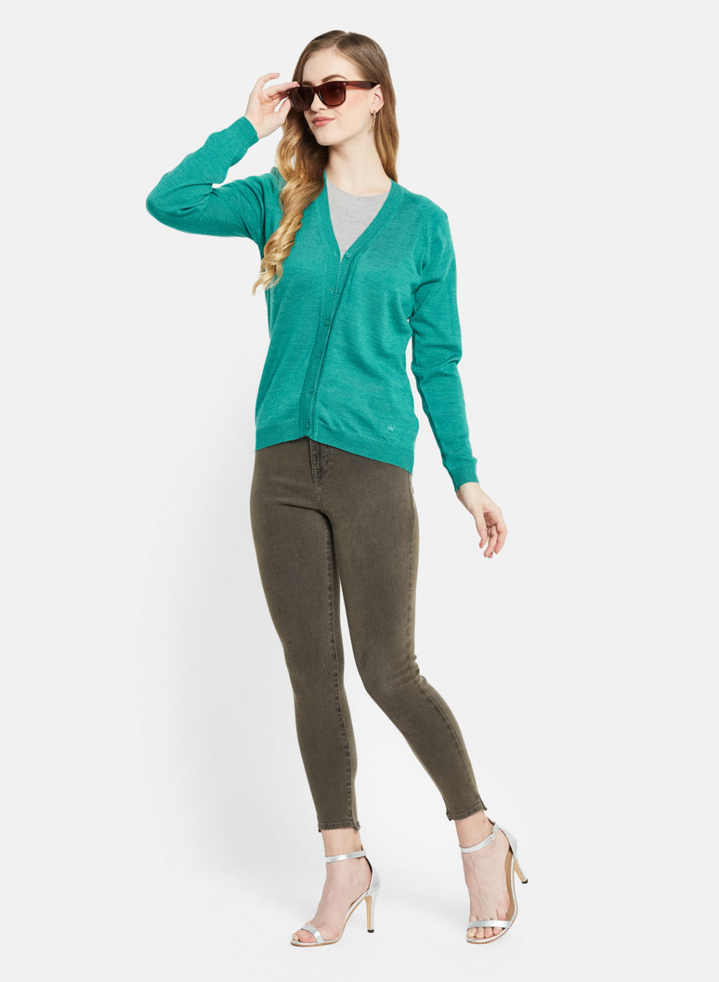 Women Aqua Green Solid Cardigan