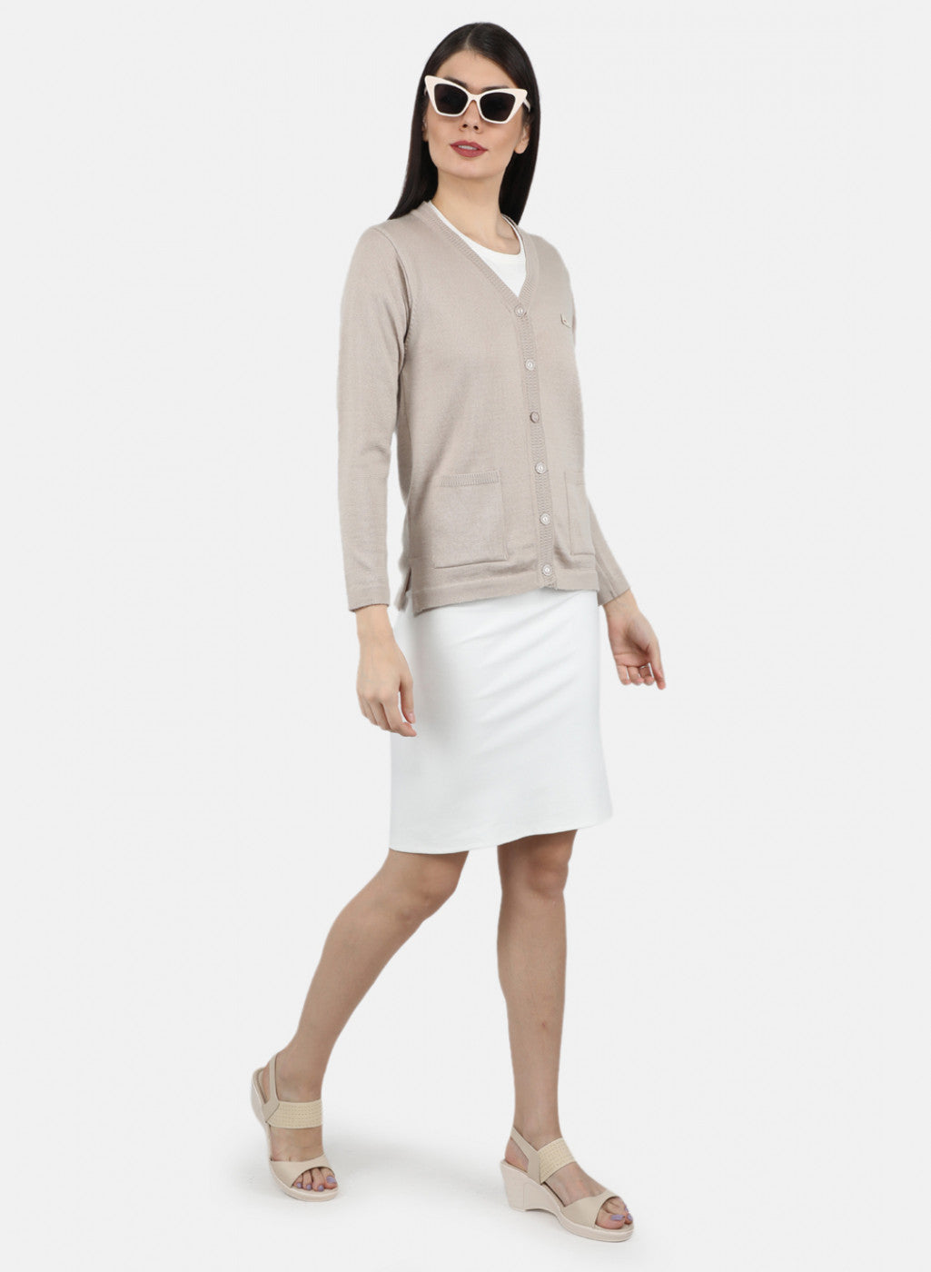 Women Beige Solid Cardigan