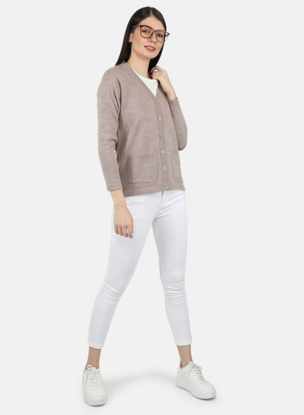 Women Beige Solid Cardigan