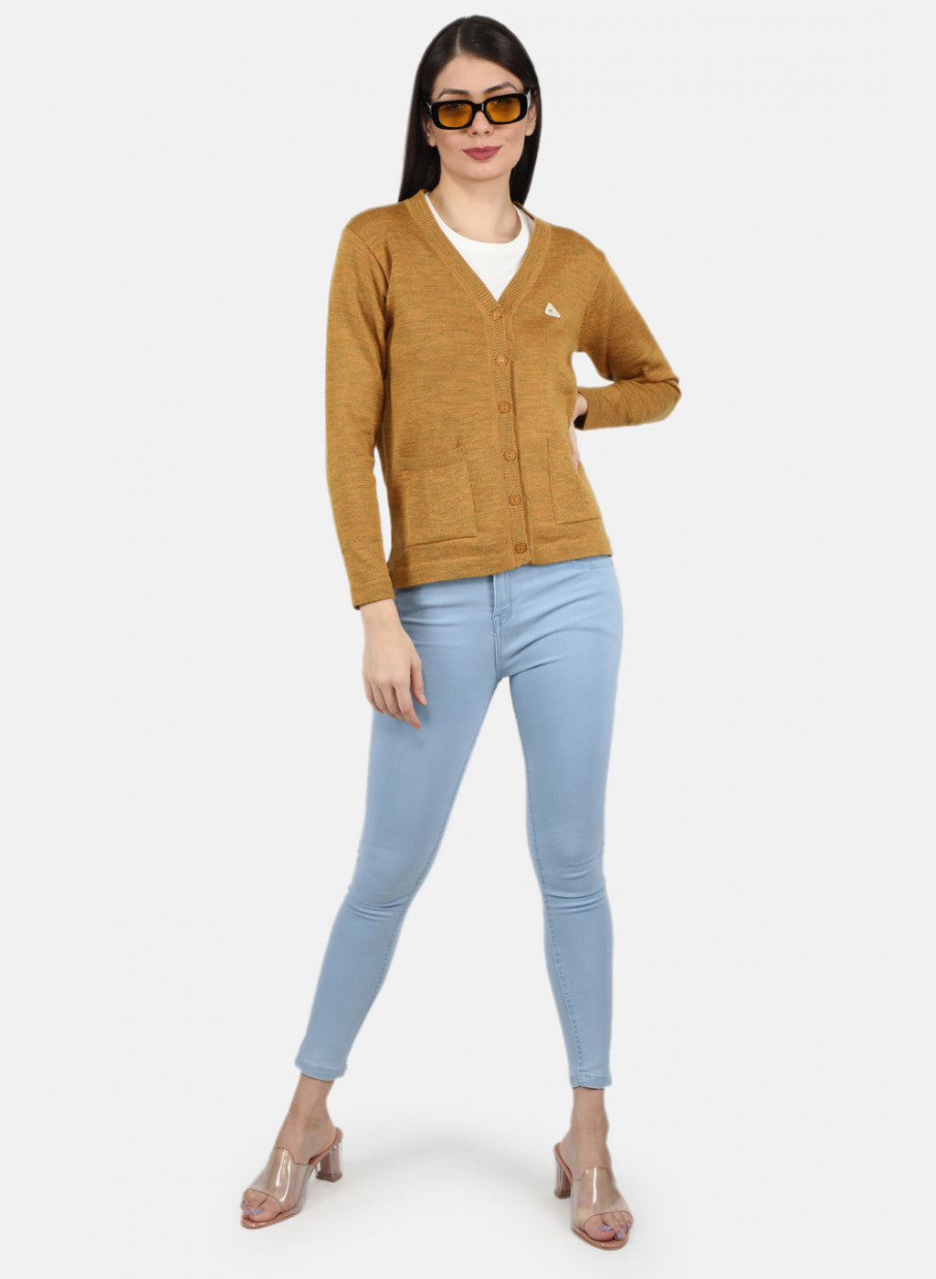 Women Gold Solid Cardigan