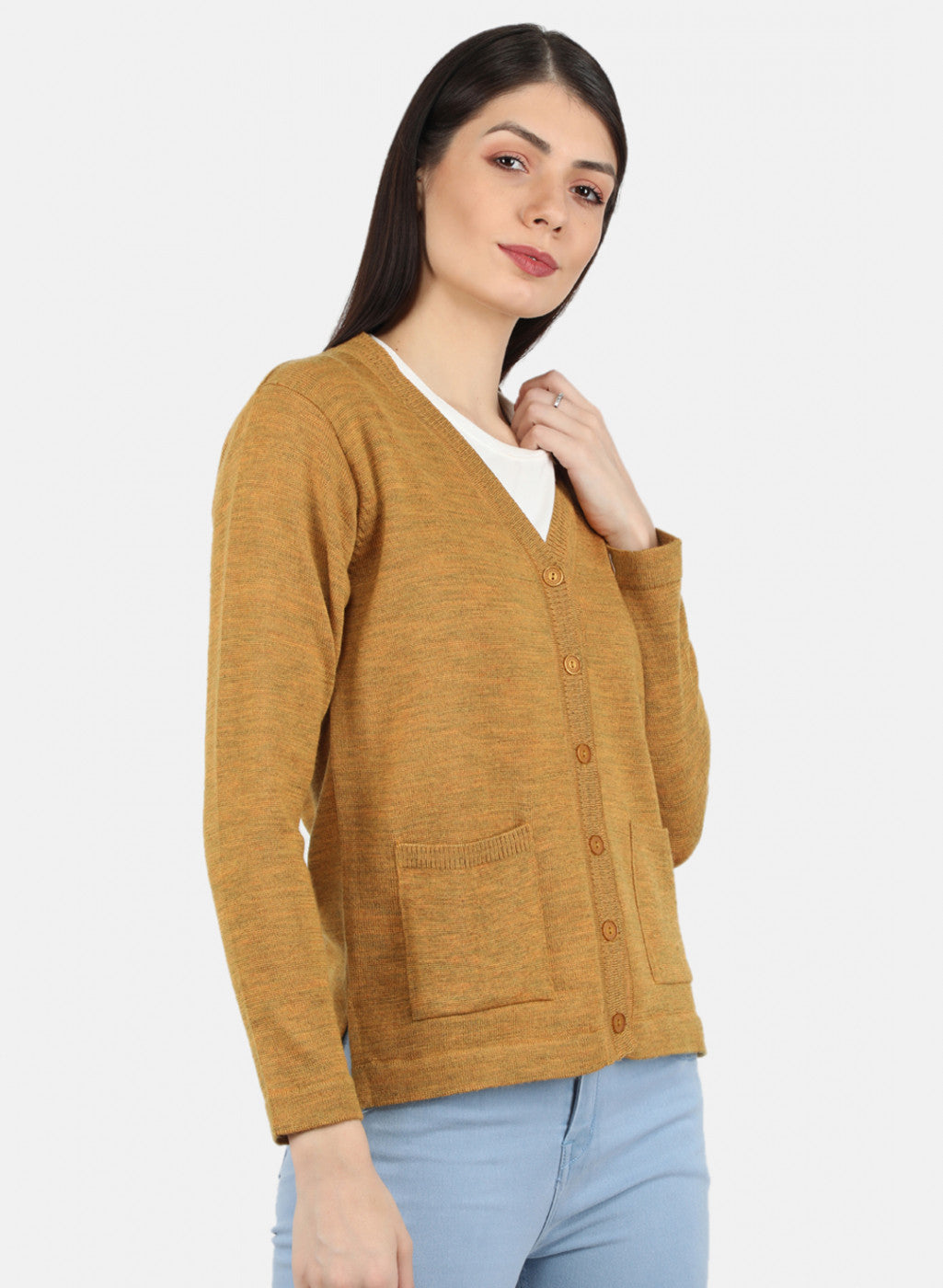 Women Gold Solid Cardigan