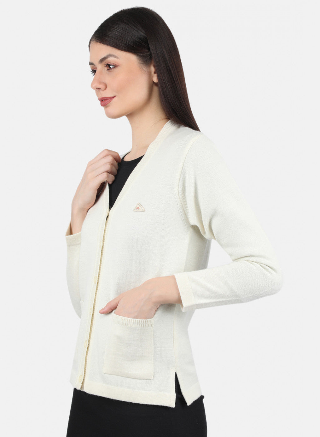 Women Off White Solid Cardigan