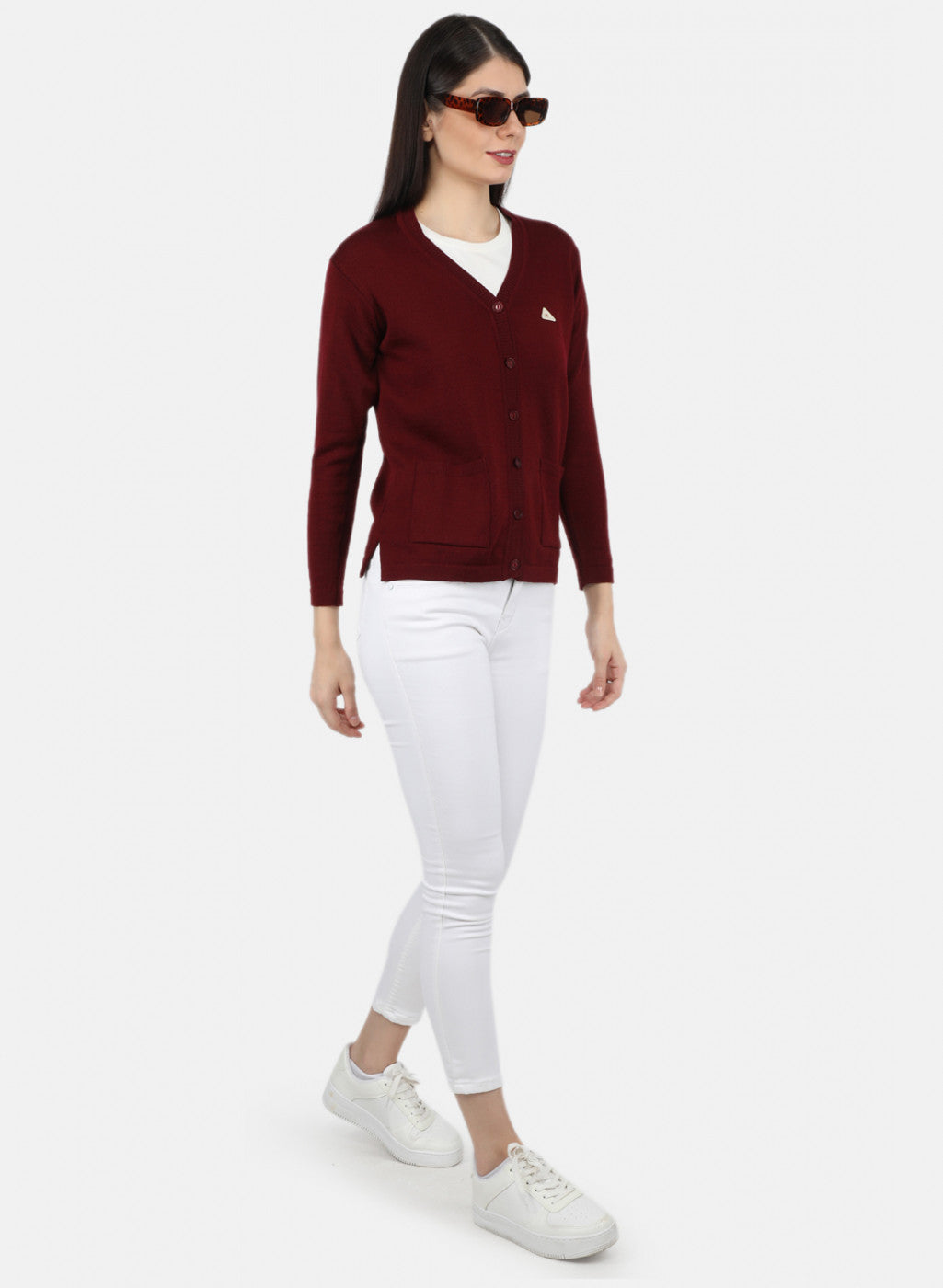 Women Maroon Solid Cardigan