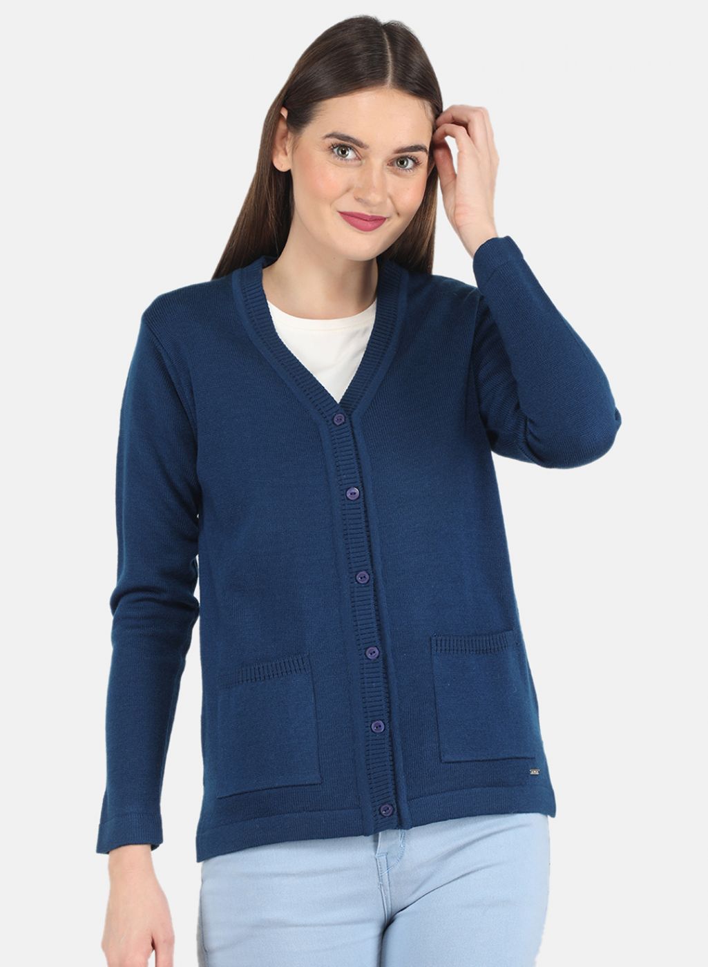 Women Blue Solid Cardigan