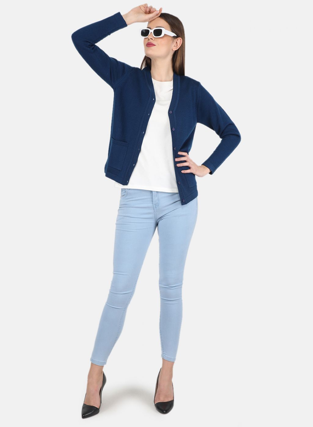 Women Blue Solid Cardigan