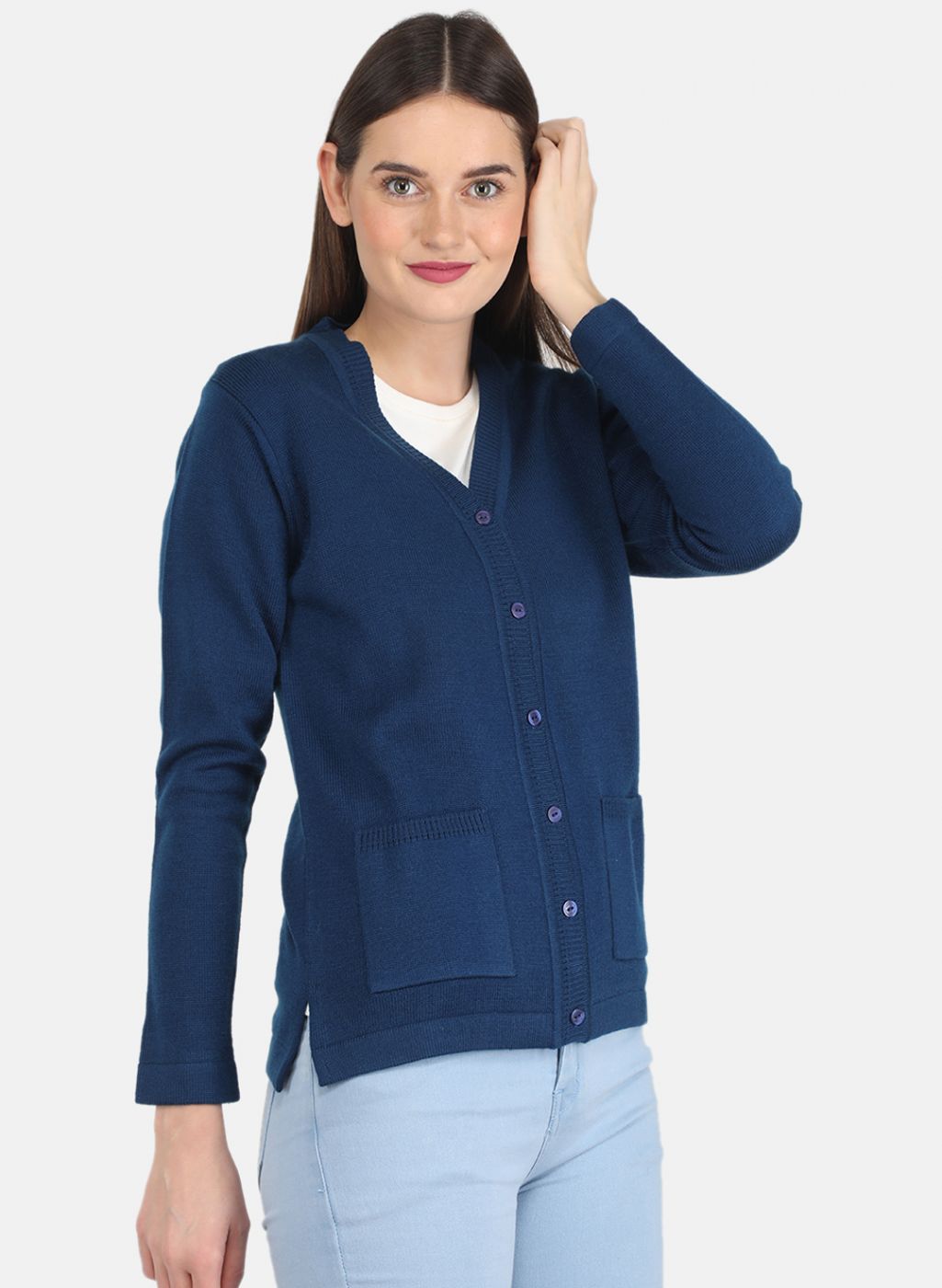 Women Blue Solid Cardigan