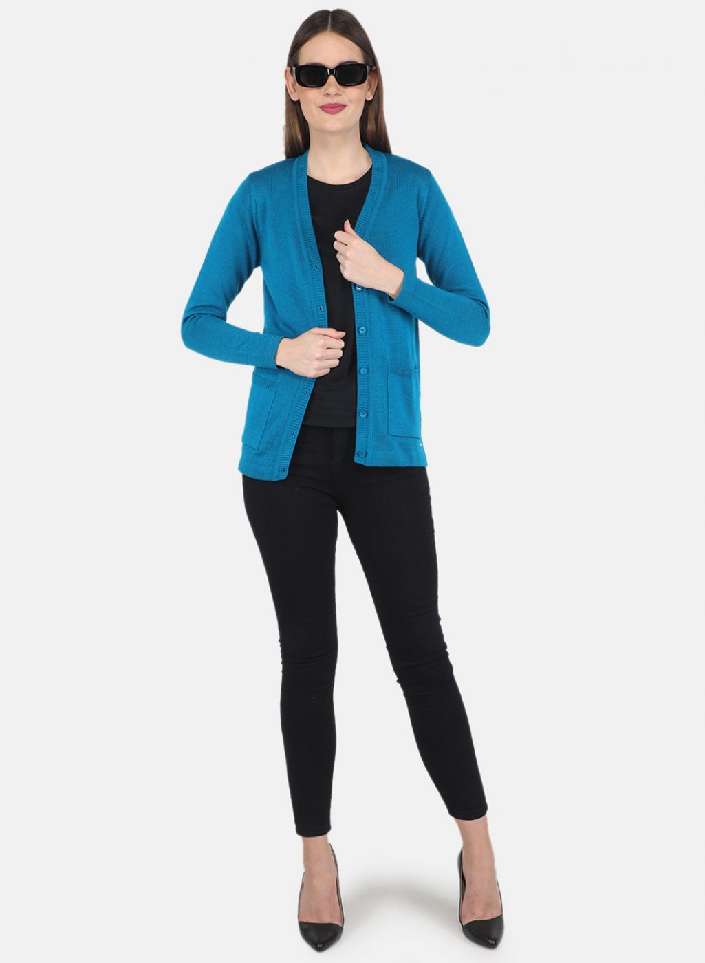 Women Blue Solid Cardigan