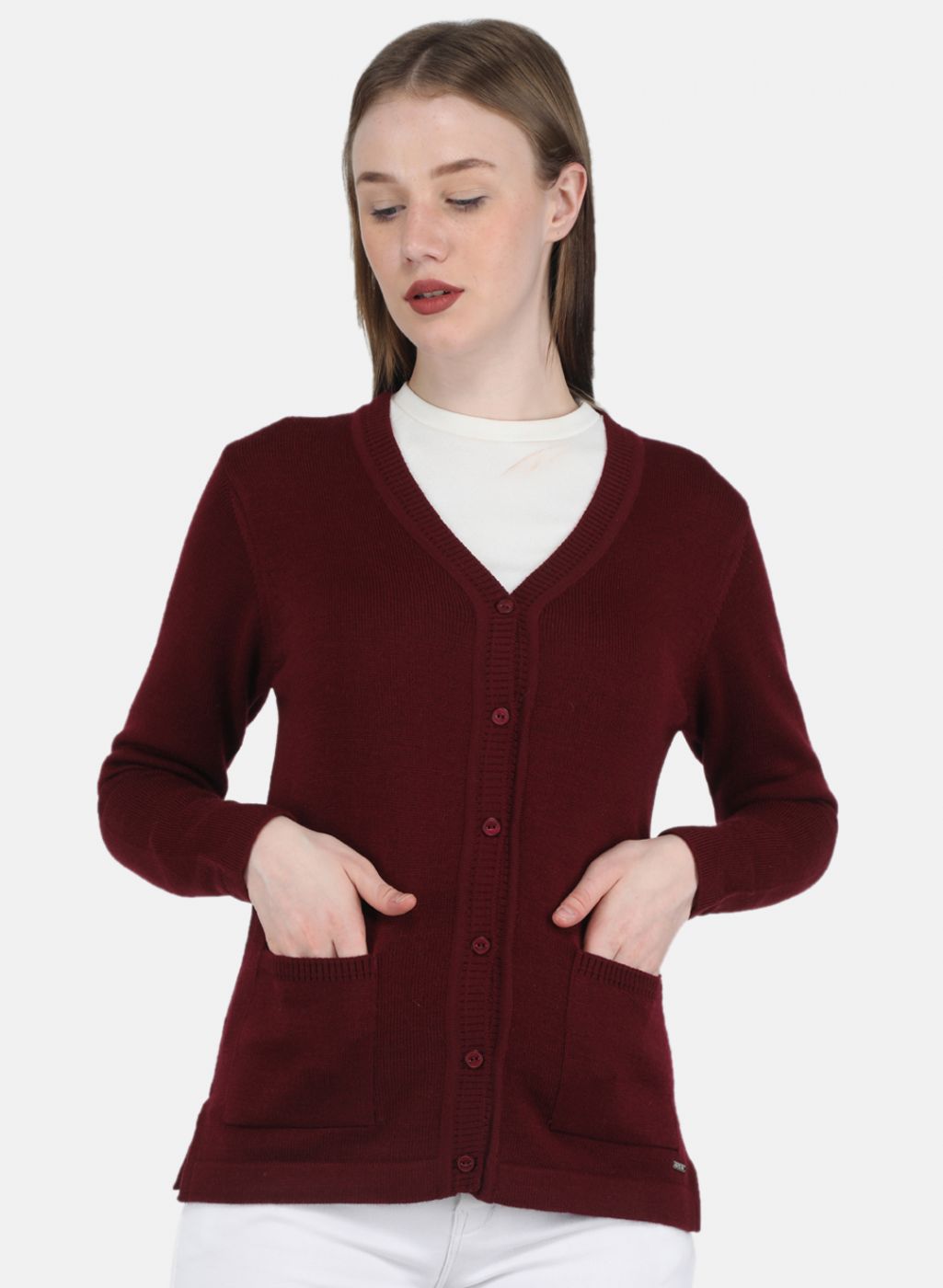 Women Maroon Solid Cardigan