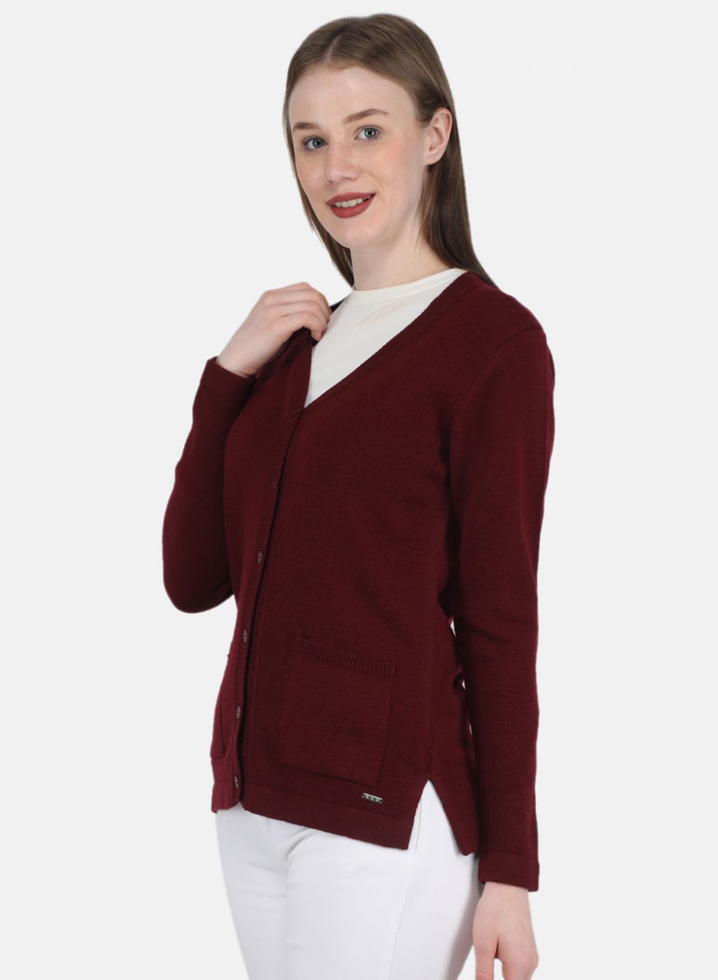 Women Maroon Solid Cardigan