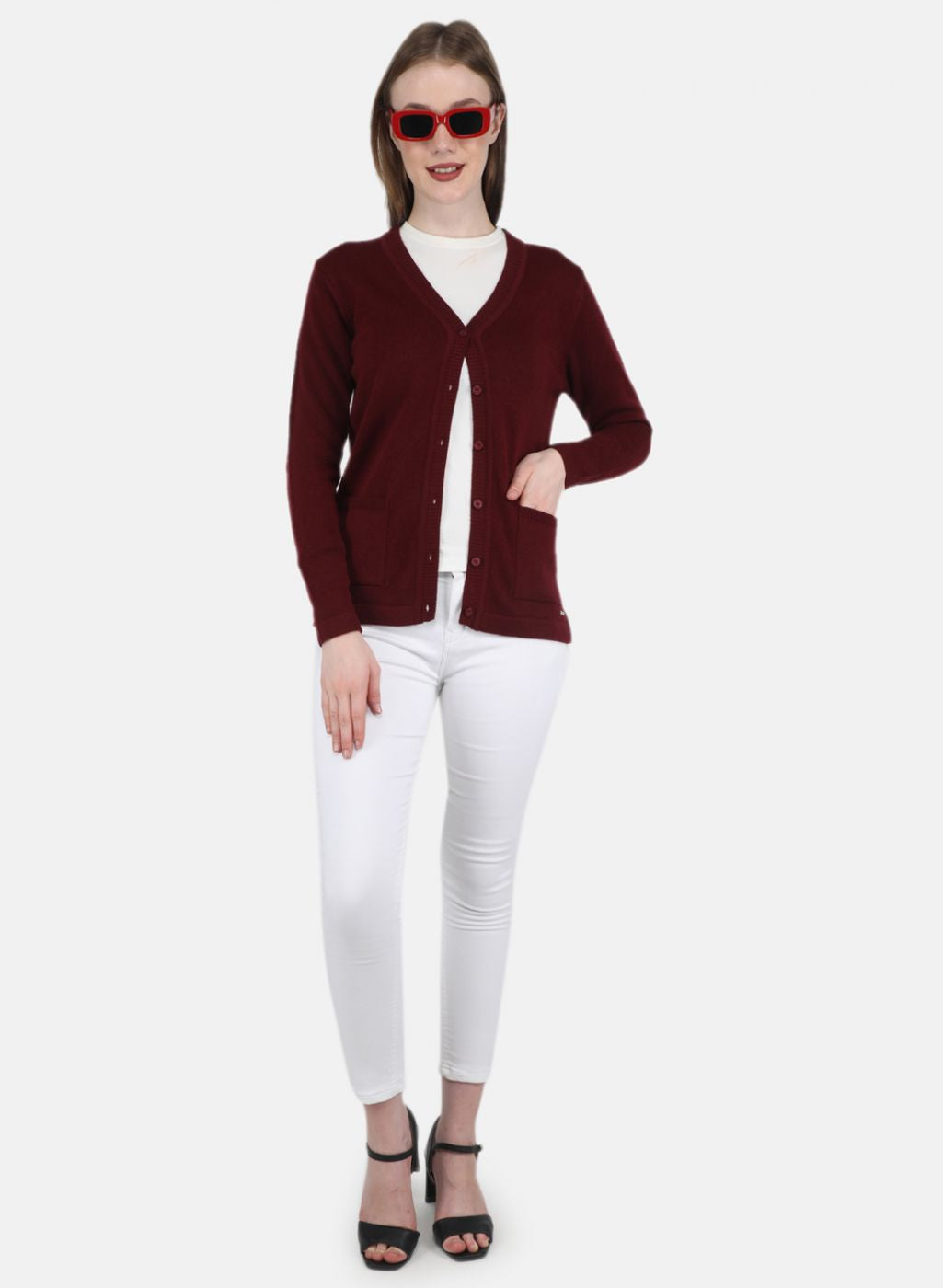 Women Maroon Solid Cardigan