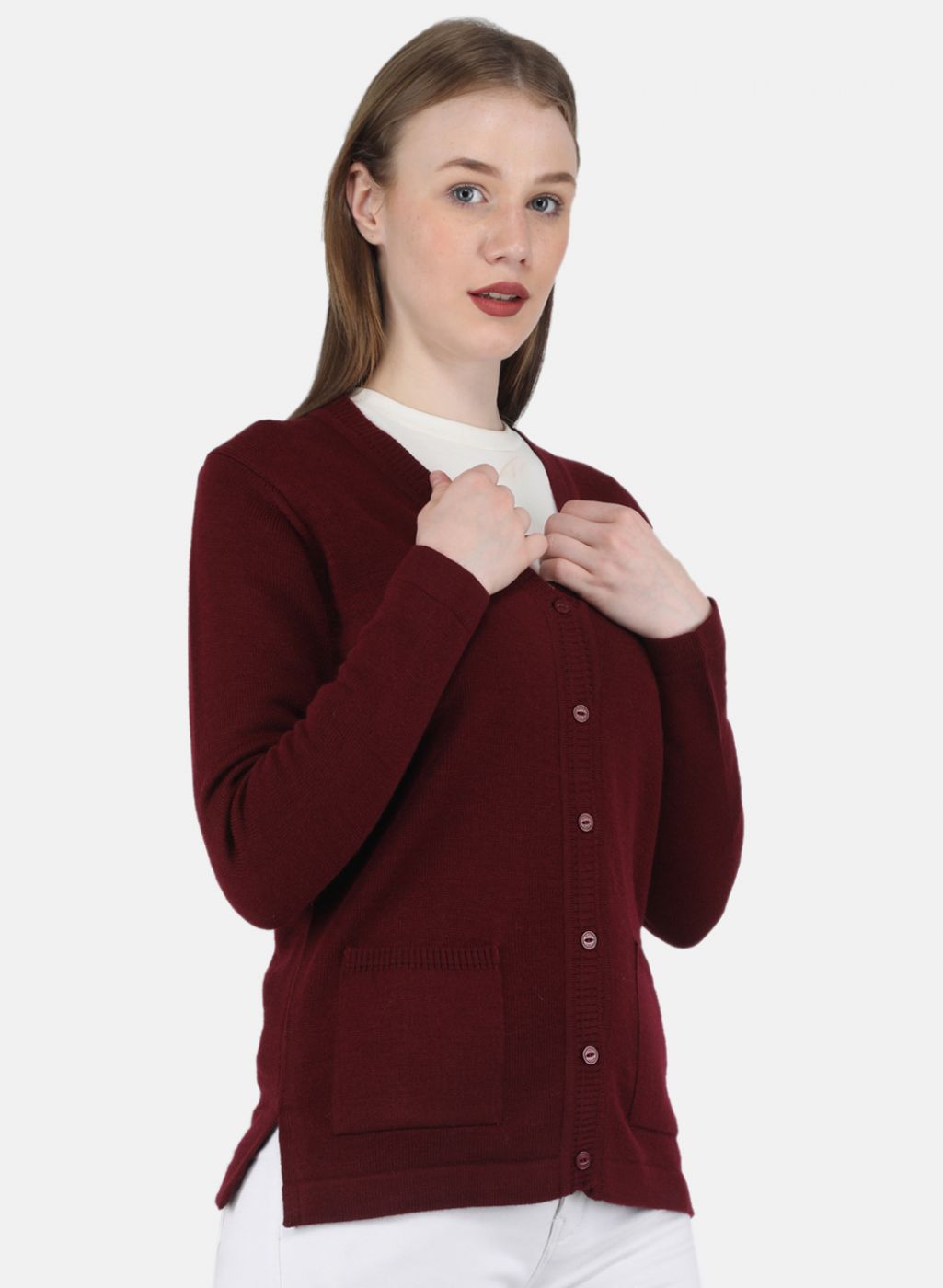 Women Maroon Solid Cardigan