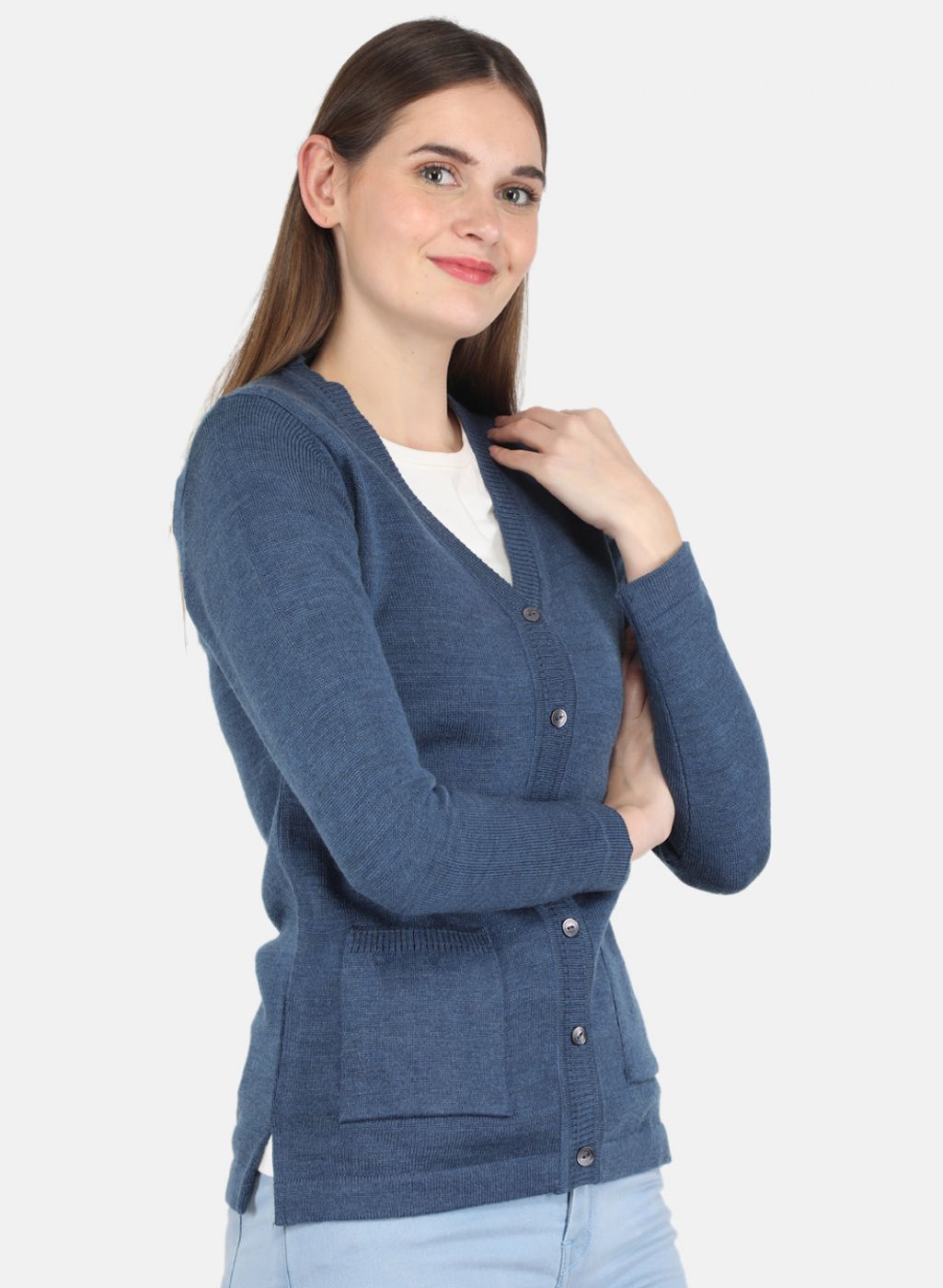 Women Blue Solid Cardigan