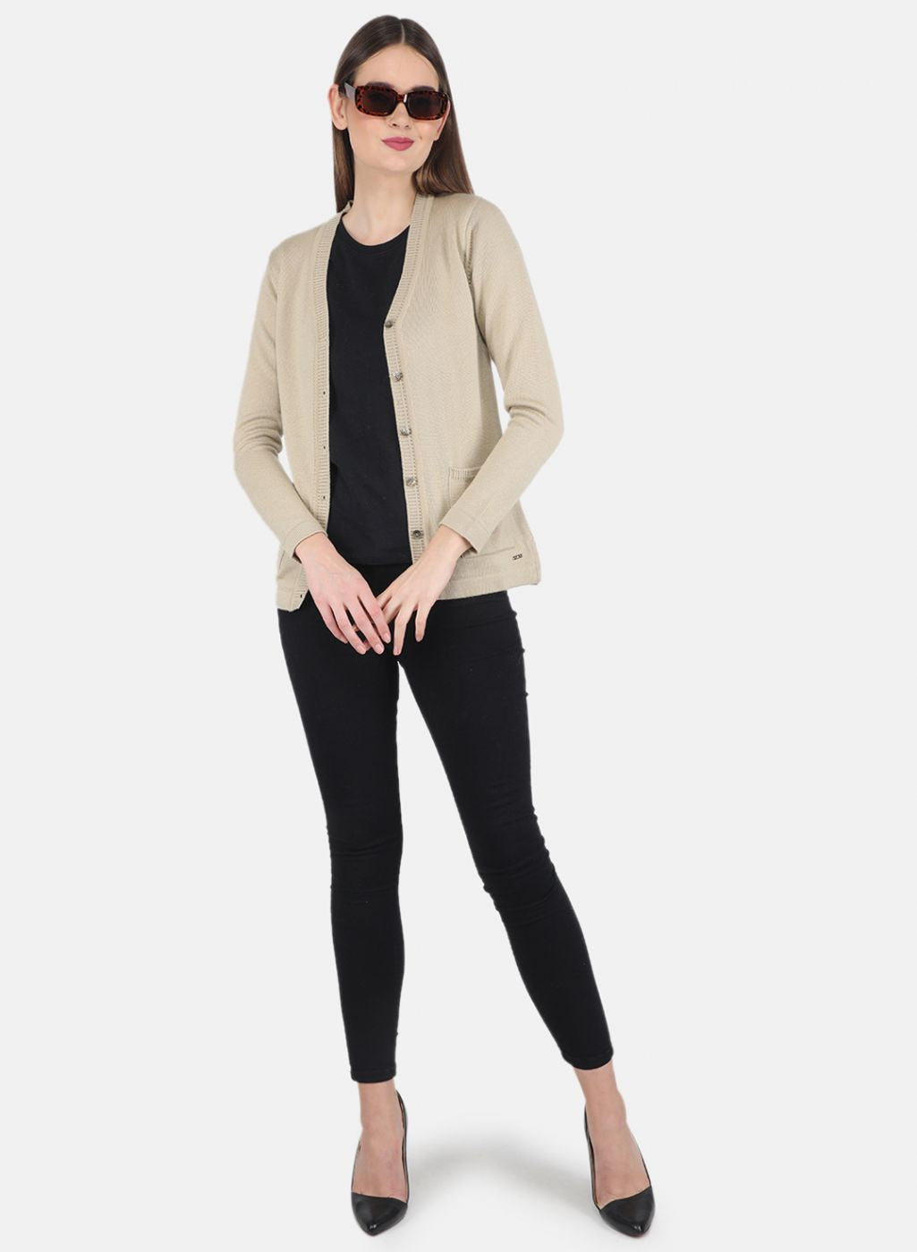 Women Beige Solid Cardigan