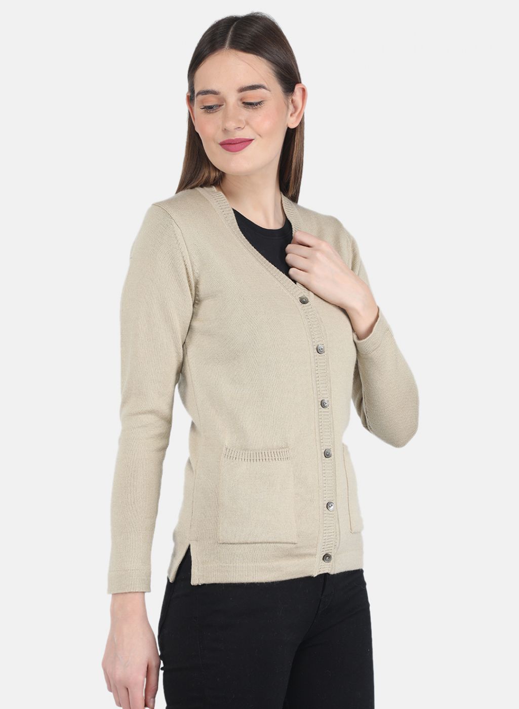 Women Beige Solid Cardigan