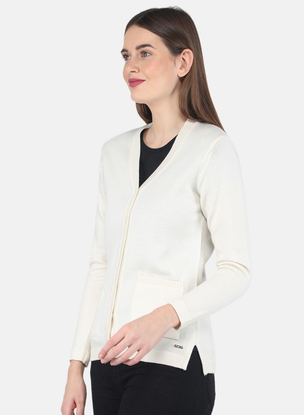 Women Off White Solid Cardigan