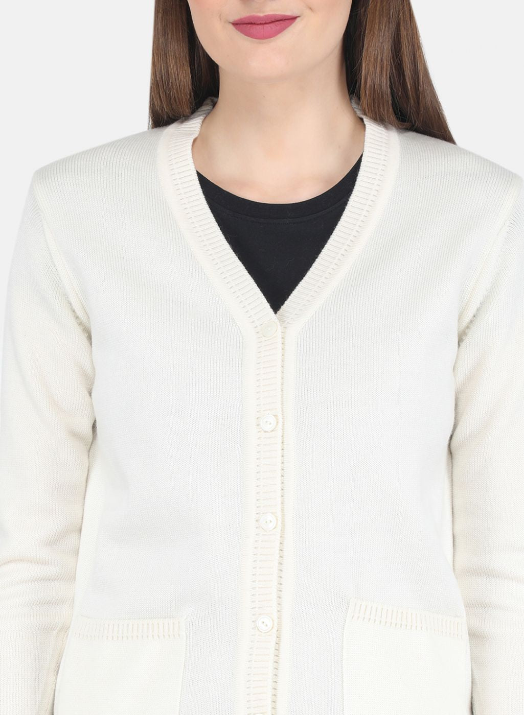 Women Off White Solid Cardigan