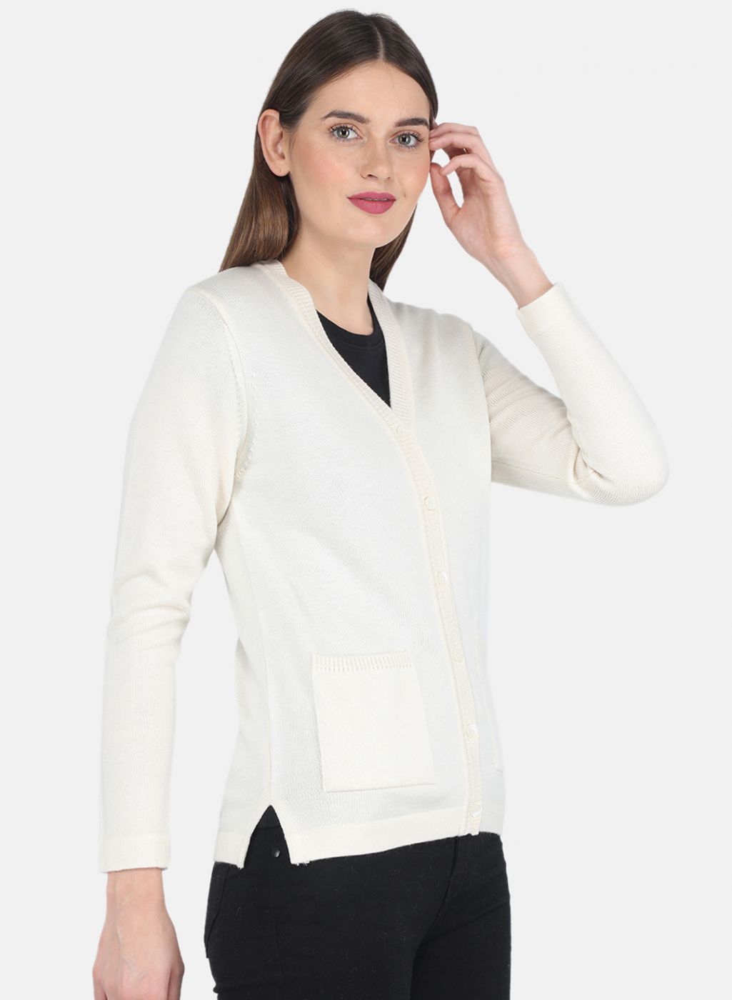 Women Off White Solid Cardigan