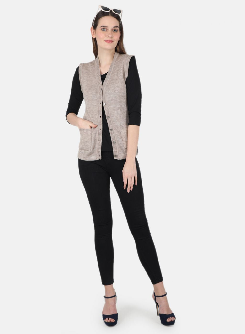 Women Beige Solid Cardigan