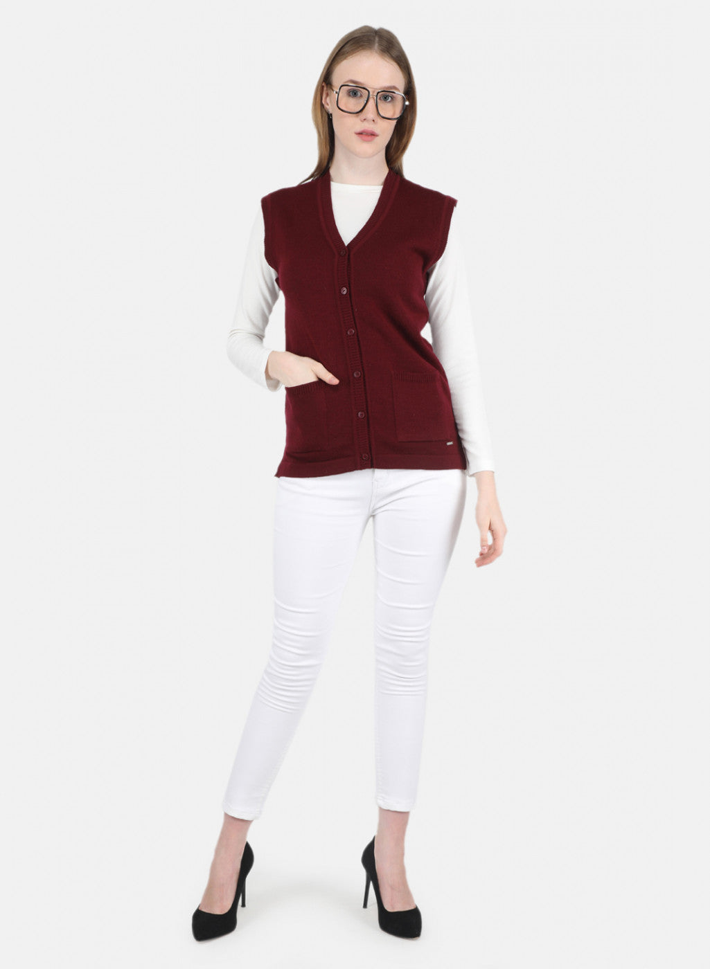 Women Maroon Solid Cardigan