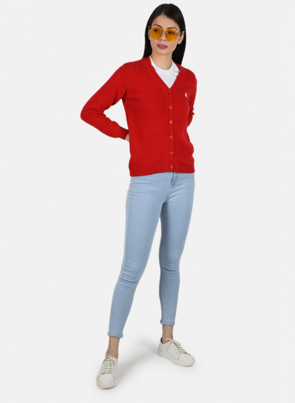 Women Red Solid Cardigan