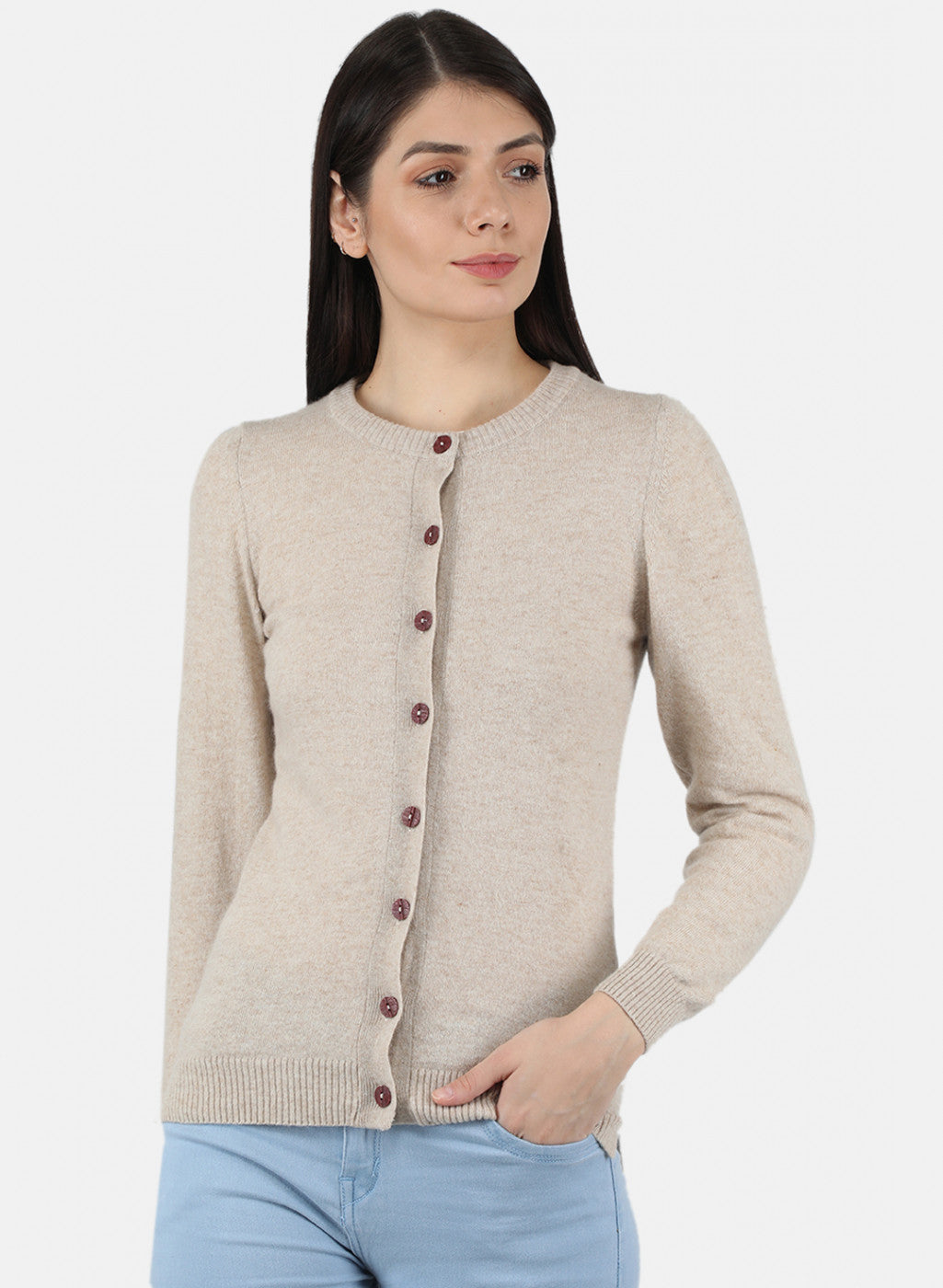 Women Beige Solid Cardigan