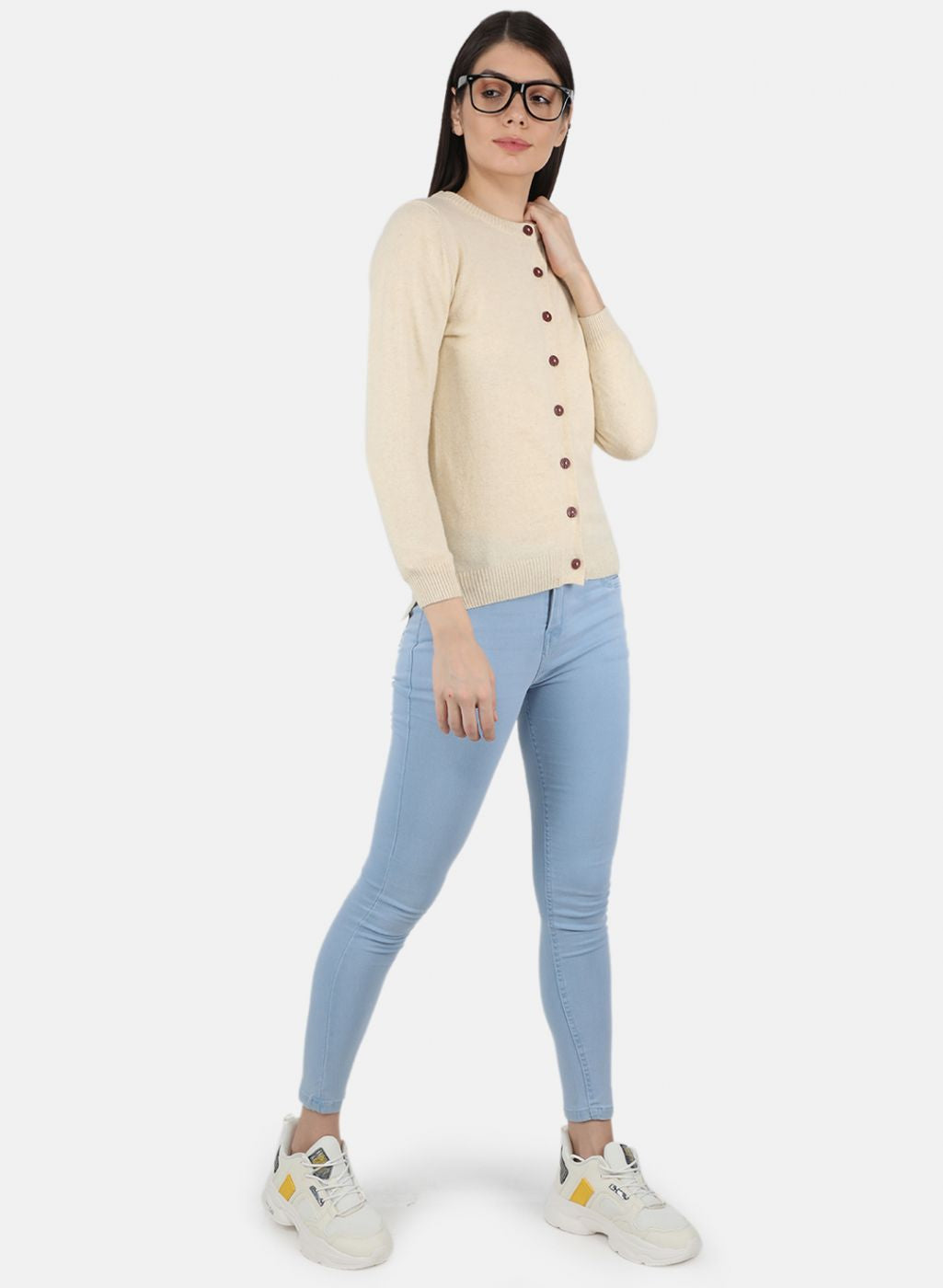 Women Off White Solid Cardigan