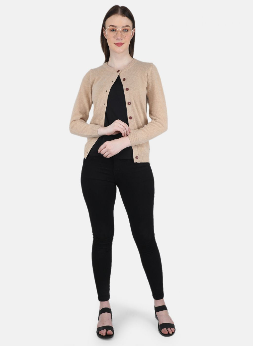 Women Beige Solid Cardigan