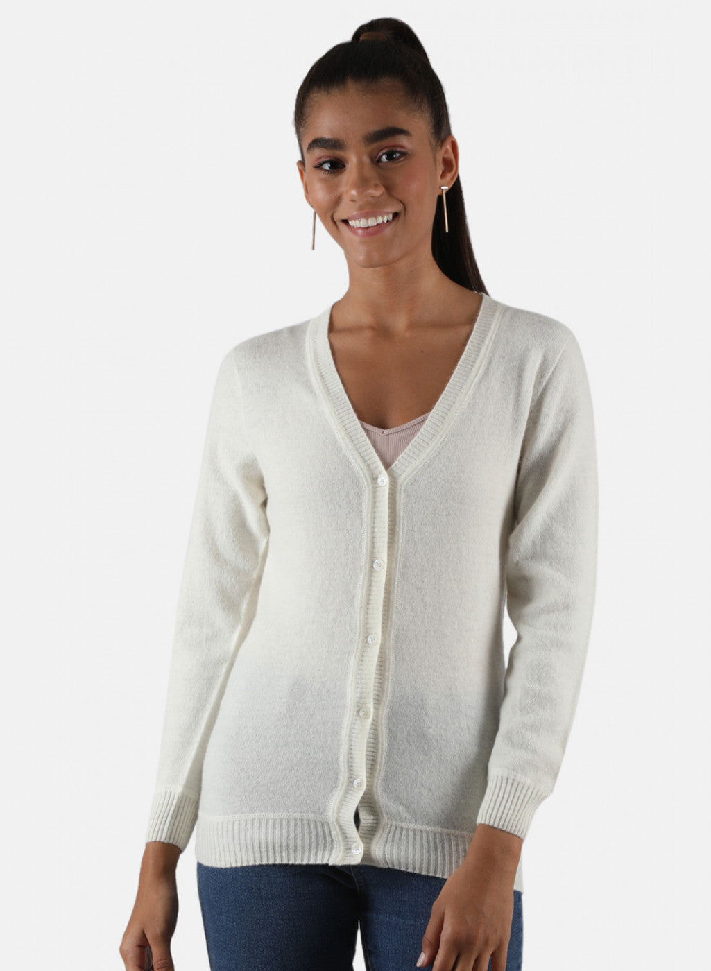 Women White Solid Cardigan