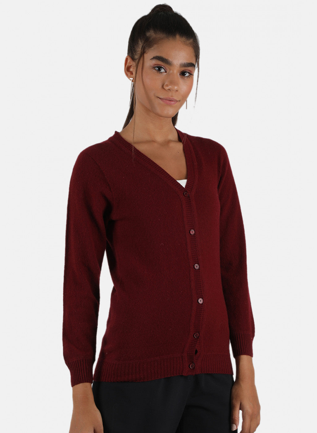 Women Maroon Solid Cardigan