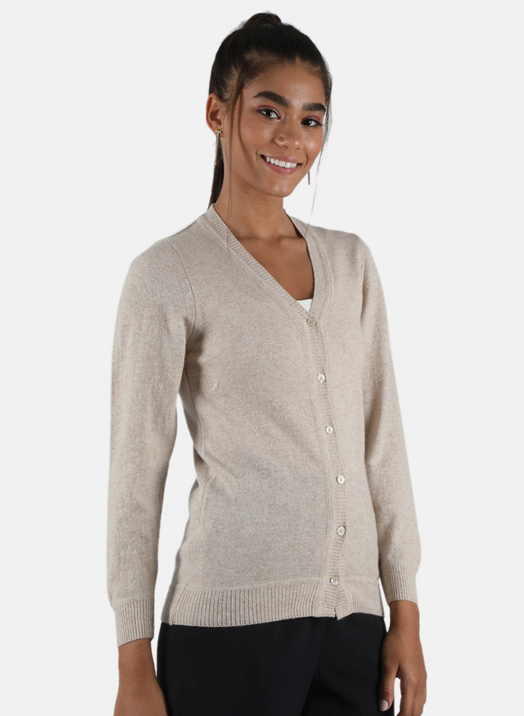 Women Beige Solid Cardigan