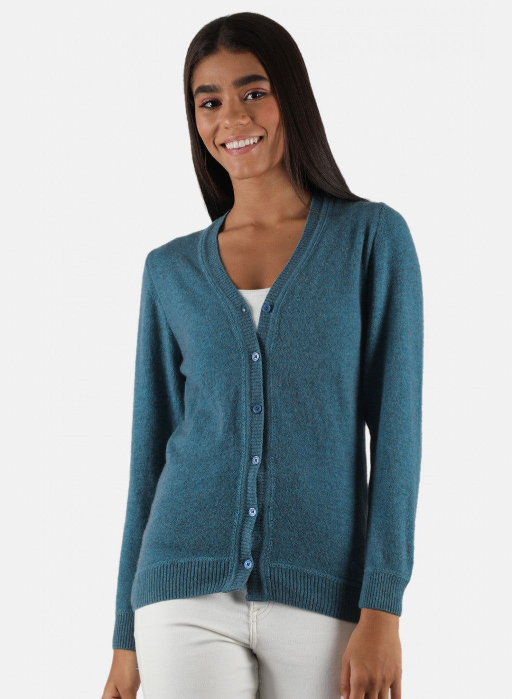 Women Teal Blue Solid Cardigan