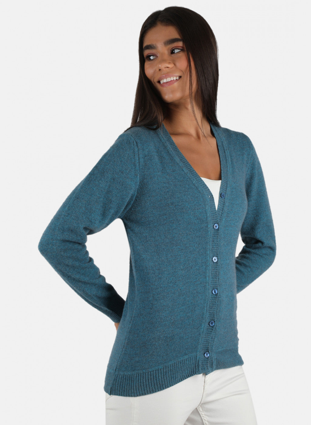 Women Teal Blue Solid Cardigan