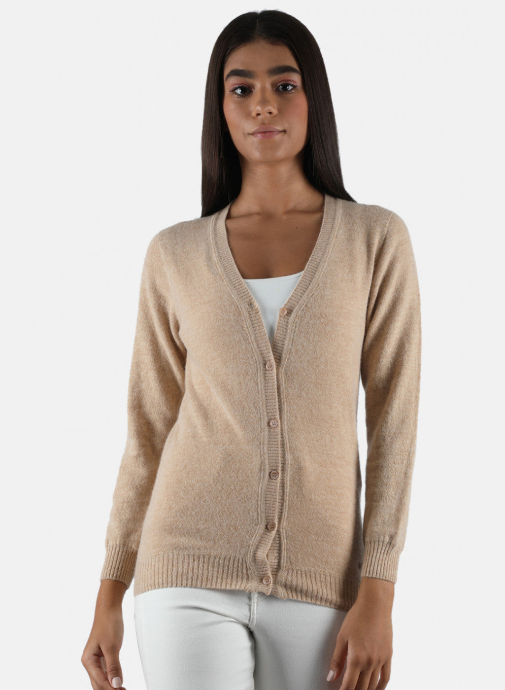 Women Beige Solid Cardigan