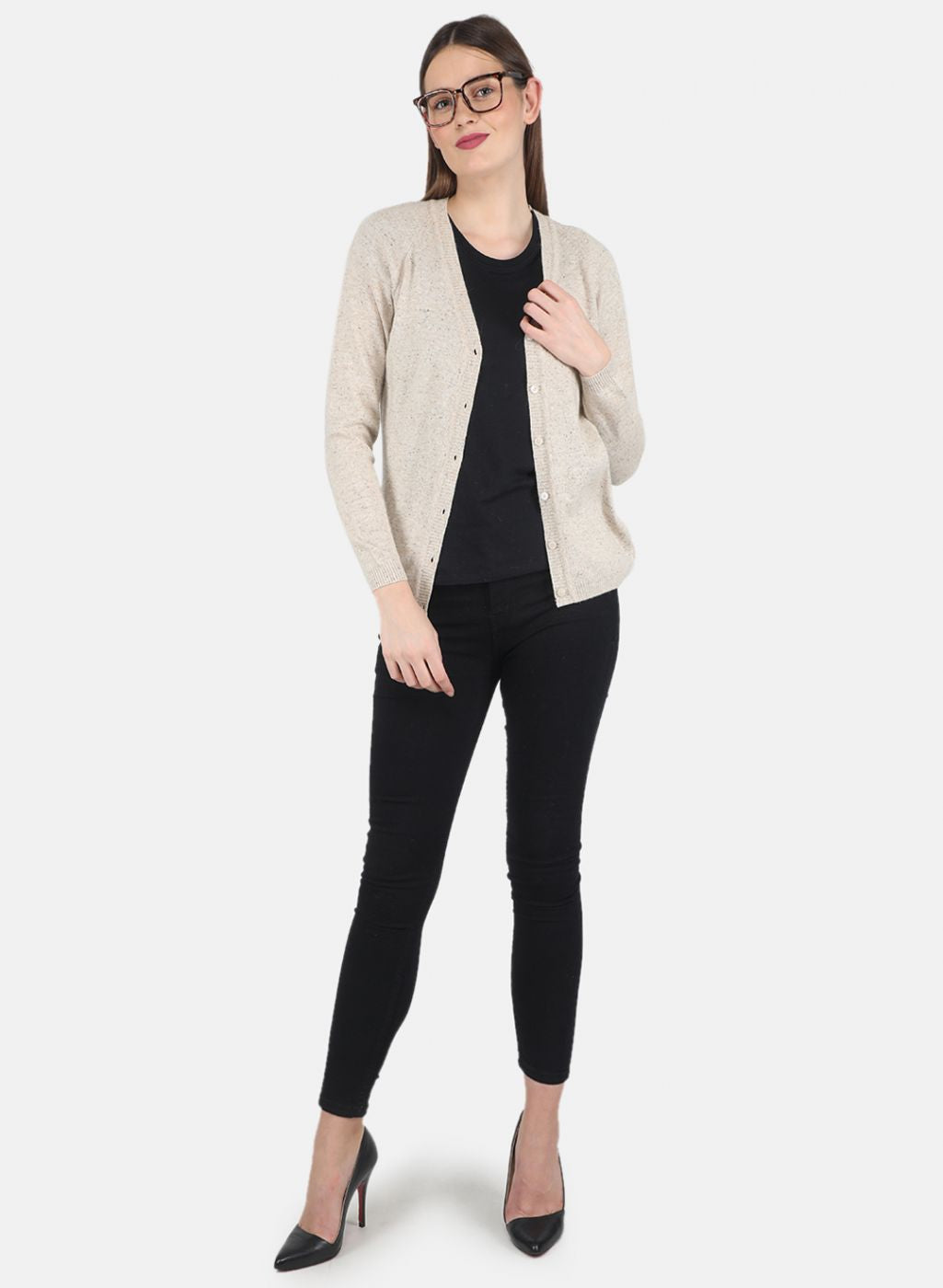 Women Beige Solid Cardigan