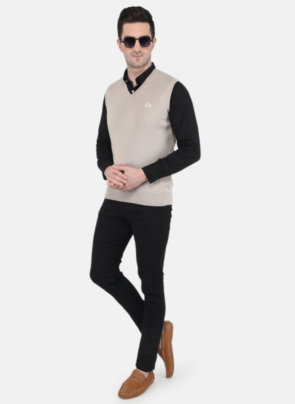 Men Beige Solid Sweater