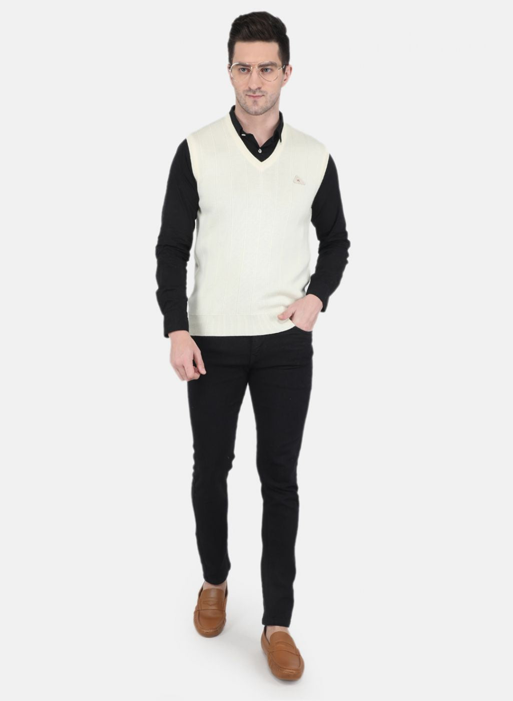 Men Off White Solid Sweater