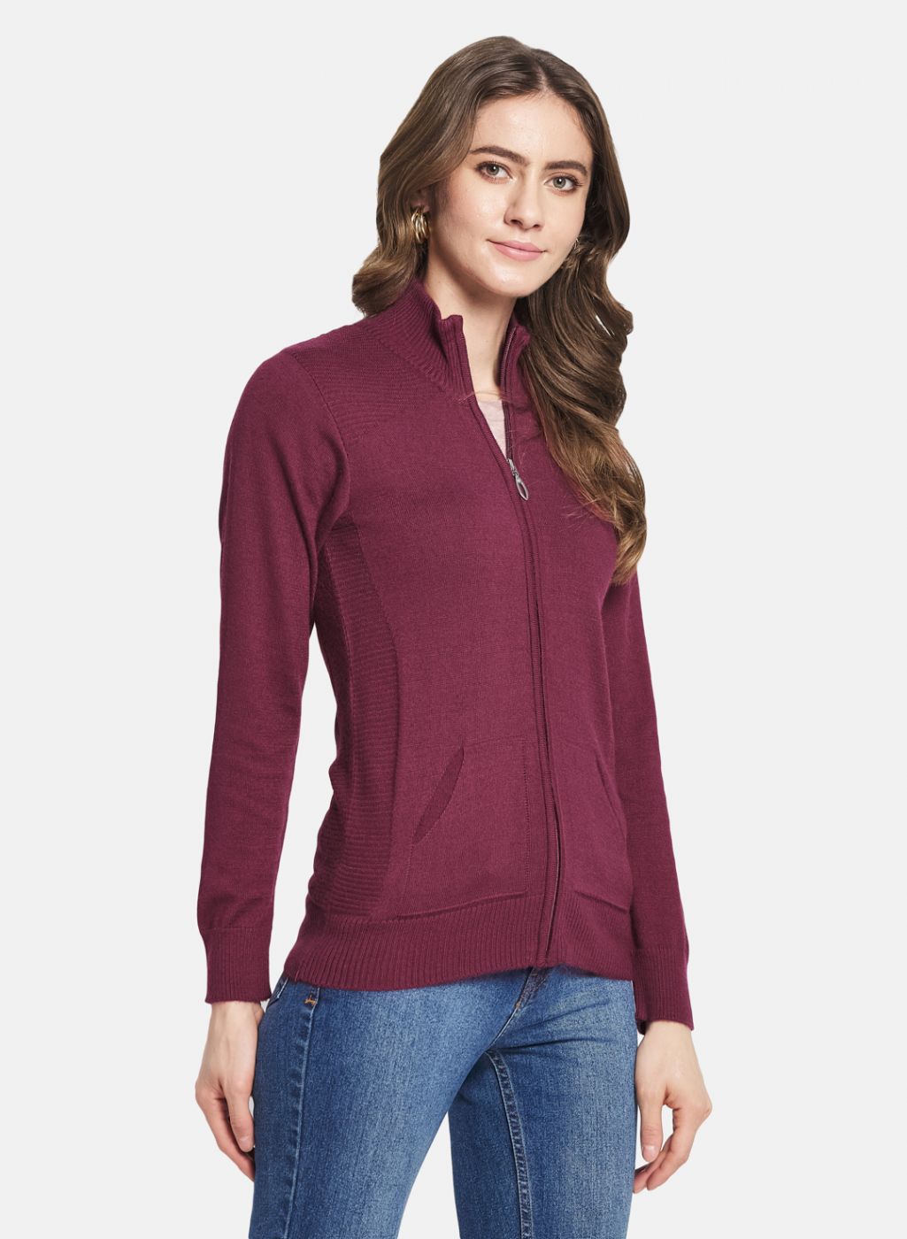 Women Maroon Solid Cardigan