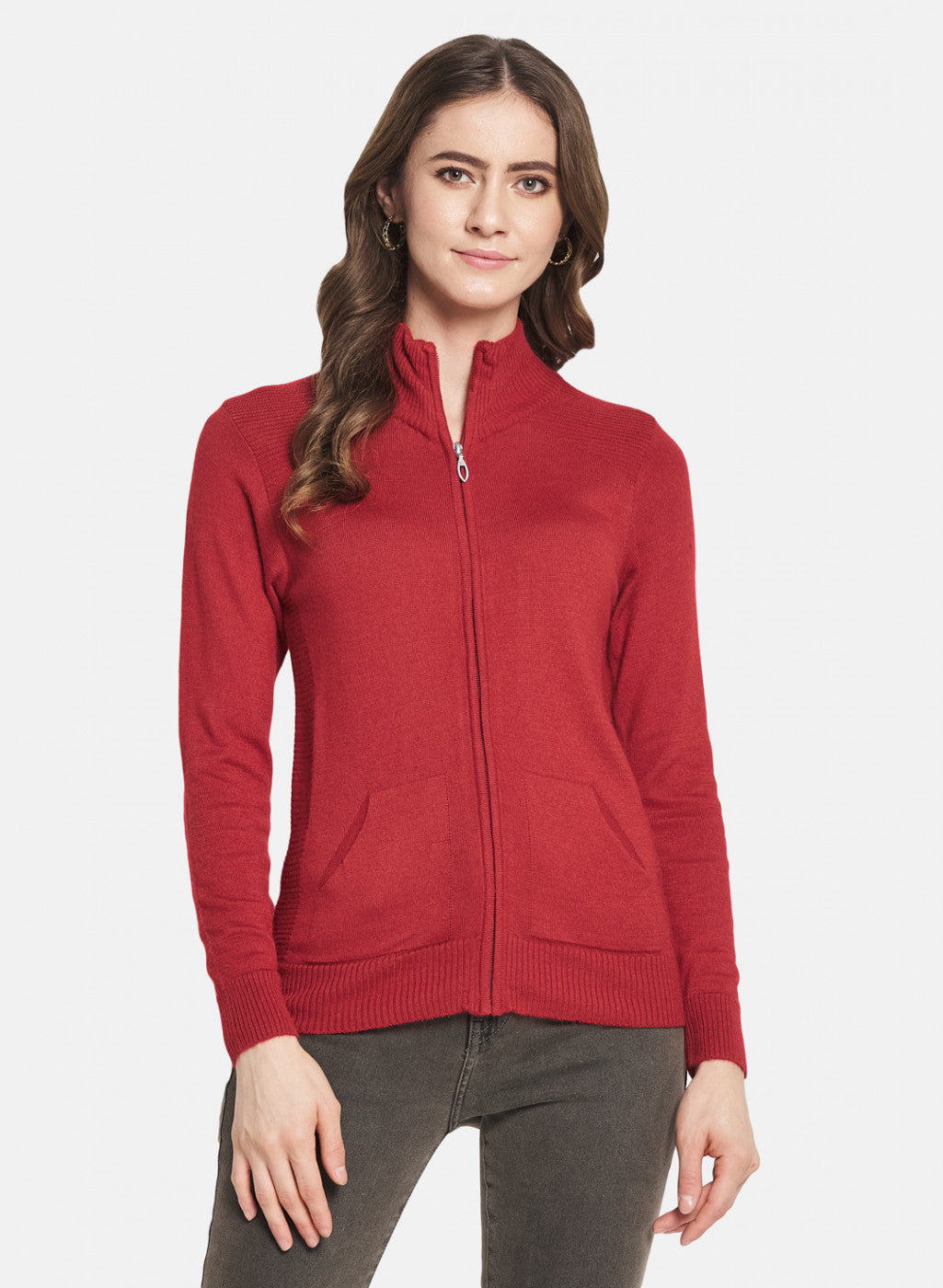 Women Red Solid Cardigan