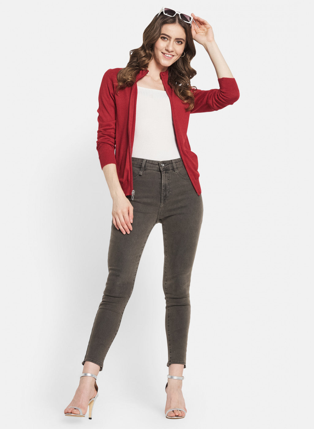 Women Red Solid Cardigan