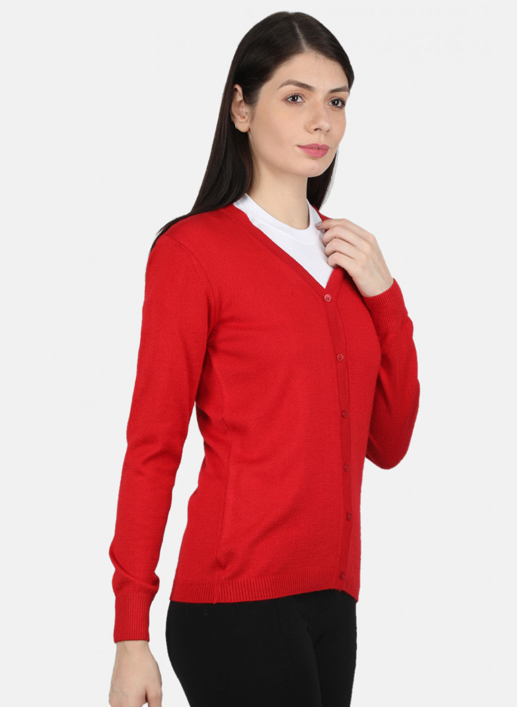 Women Red Solid Cardigan