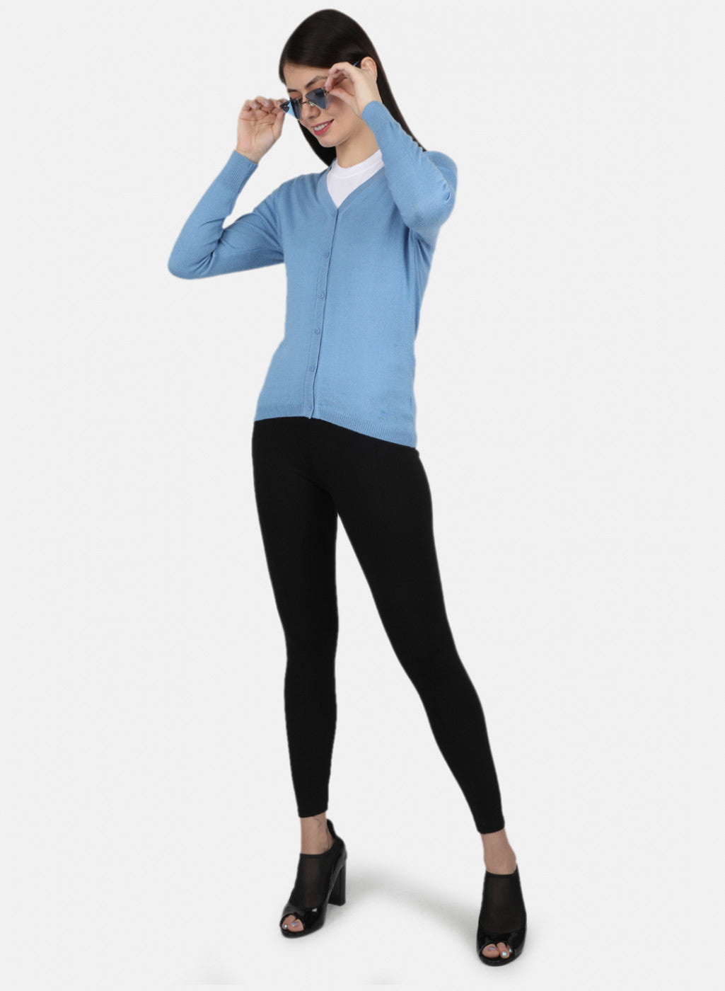 Women Sky Blue Solid Cardigan