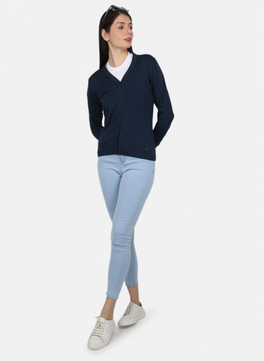 Women Navy Blue Solid Cardigan