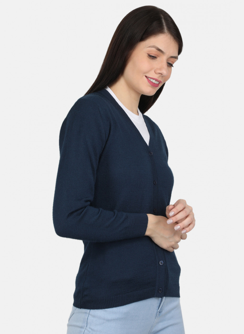 Women Navy Blue Solid Cardigan